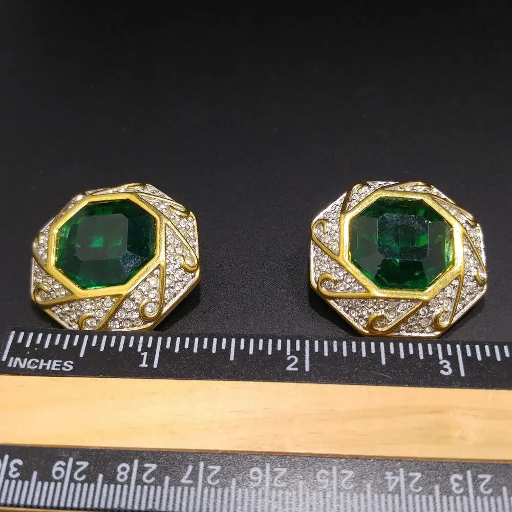 Swarovski Green Octagon Crystal Earrings, Clip On, Gold Plated, Swan Logo